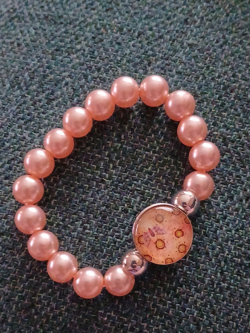 Pink Pearl Beaded Stretch Bracelet with Decorative Charm